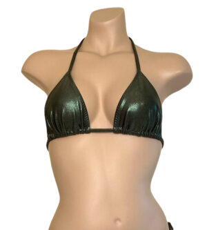 Classic triangle bikini top in shimmery metallic olive green