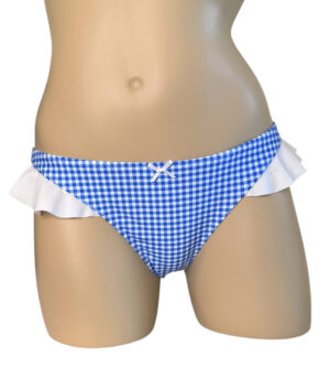 Low waist, ruffled, cheeky thong with bow bikini bottoms front view