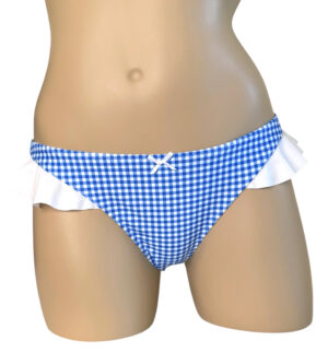 Low waist, ruffled, cheeky thong with bow bikini bottoms front view