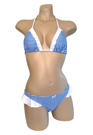 Low waist, ruffled, cheeky thong bikini bottoms and ruffled triangle top in blue and white gingham print front view