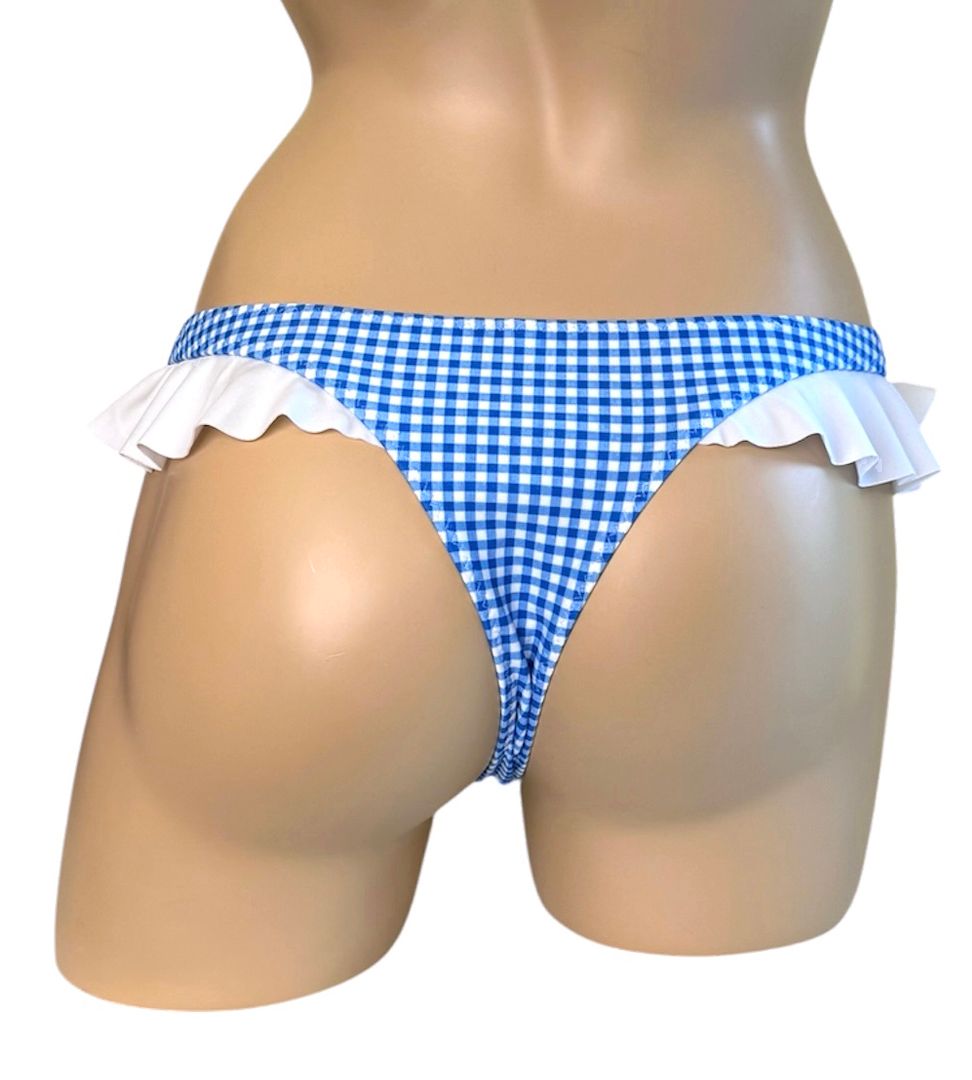 Low waist, ruffled, cheeky thong with bow bikini bottoms back view