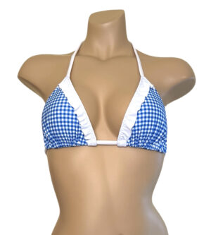 Blue and white gingham ruffle triangle bikini top front view