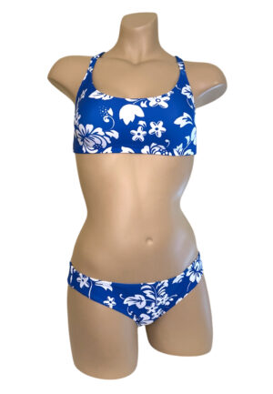 low waist sporty bikini bottoms and adjustable cross-back sport fit bikini set in blue floral print