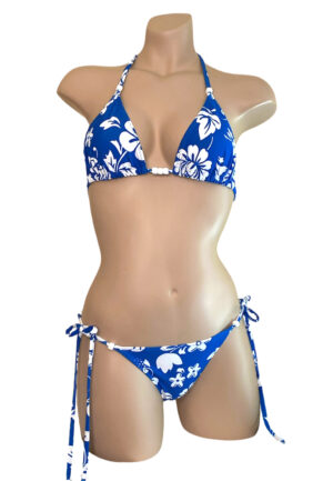 Low waist tie side cheeky bikini bottoms and triangle top with beaded details in blue floral print