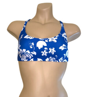 Adjustable cross back sporty bikini top in blue floral print