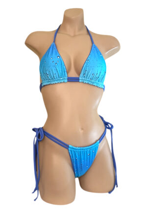 High cut double strap tie side reversible bikini bottoms and triangle top in blue rain print front view