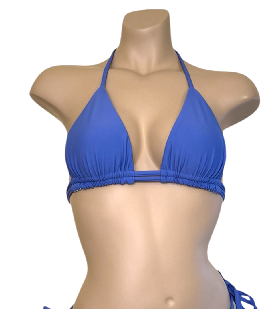 Reversible double strap triangle bikini top in blue rain print lavendar side front view