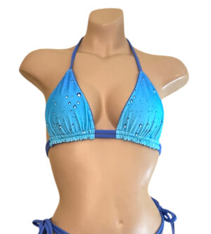 Reversible double strap triangle bikini top in blue rain print front view