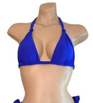 Knotted triangle bikini top in cobalt blue front view