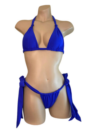Tie side slider bikini bottoms and knotted triangle top in ultra soft cobalt blue