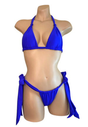 Tie side slider bikini bottoms and knotted triangle bikini top in ultra soft cobalt blue front view