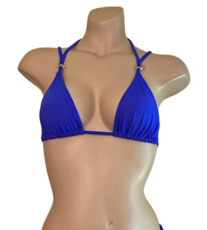 Cobalt blue triangle bikini top with gold rings and double straps