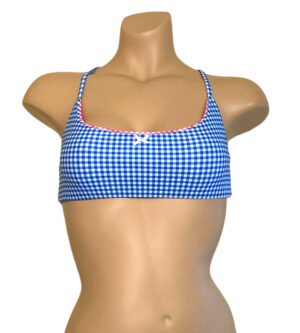 Reversible bralette bikini top in blue and pink gingham print