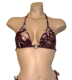 Triangle bikini top with gold ring at center in brown graffiti print