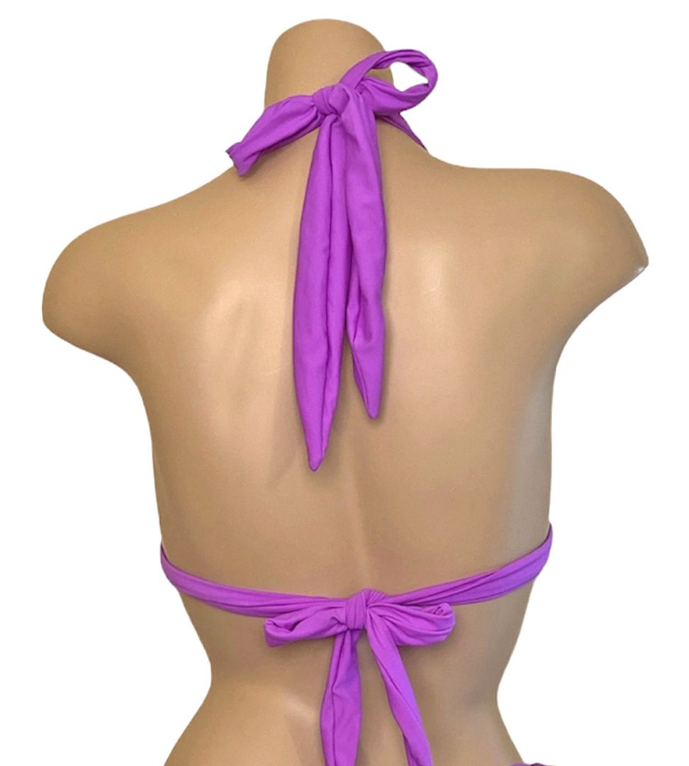 Knotted triangle bikini top in orchid with comfort straps back view