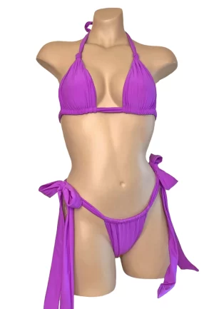 high cut tie side slider bikini bottoms and knotted triangle top in orchid pink front view