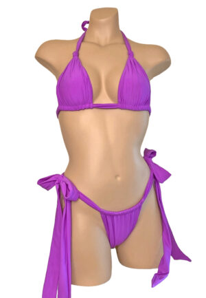 high cut tie side slider bikini bottoms and knotted triangle top in orchid