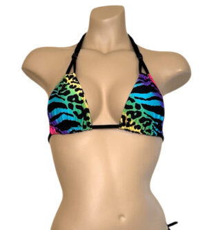 Looped and beaded detail triangle bikini top in rainbow animal print