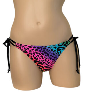 Low waist bikini bottoms with looped side ties and ruched back in rainbow animal print