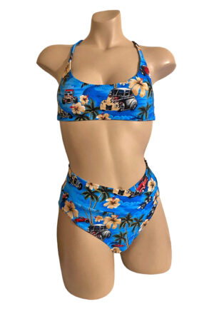 high waist v-front bikini bottoms and scoop neck cross back sporty bikini top in vintage hawaii floral print front view