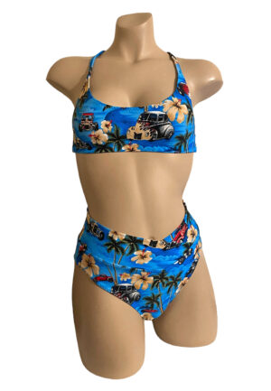 high waist v-front bikini bottoms and scoop neck cross back sporty bikini top in vintage hawaii print