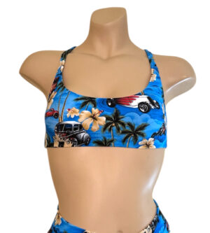 Scoop neck sporty cross back bikini top in vintage hawaii floral print front view