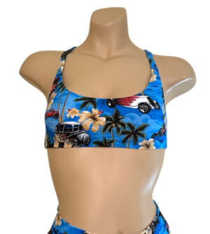 Scoop neck cross back bikini top in vintage hawaii print