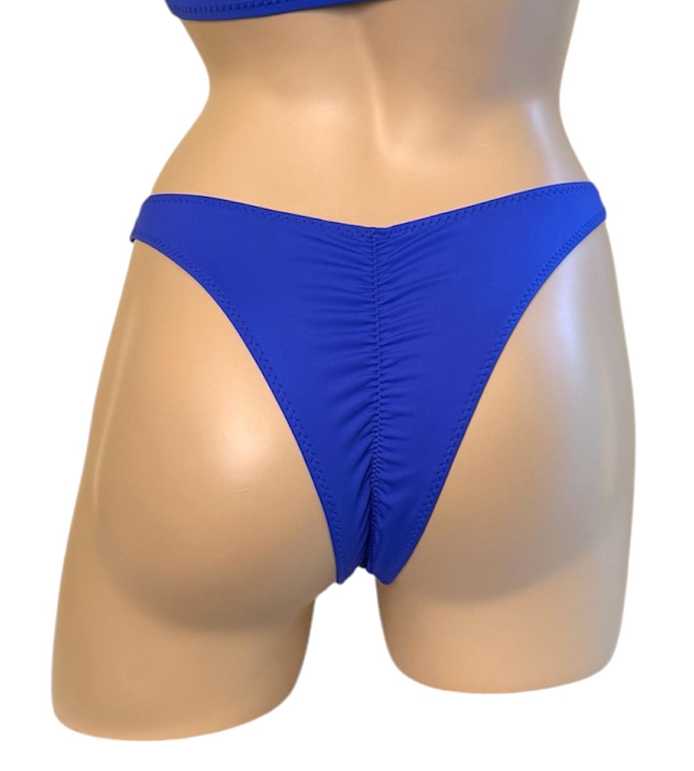 High cut ruched back cheeky bikini bottoms in cobalt blue back view