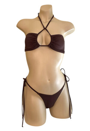 High cut tie side thong bikini bottoms and bandeau bikini top in mocha