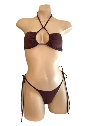 High cut tie side thong bikini bottoms and bandeau bikini top in mocha brown front view