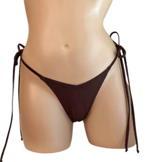 High cut tie side thong bikini bottoms in mocha brown front view