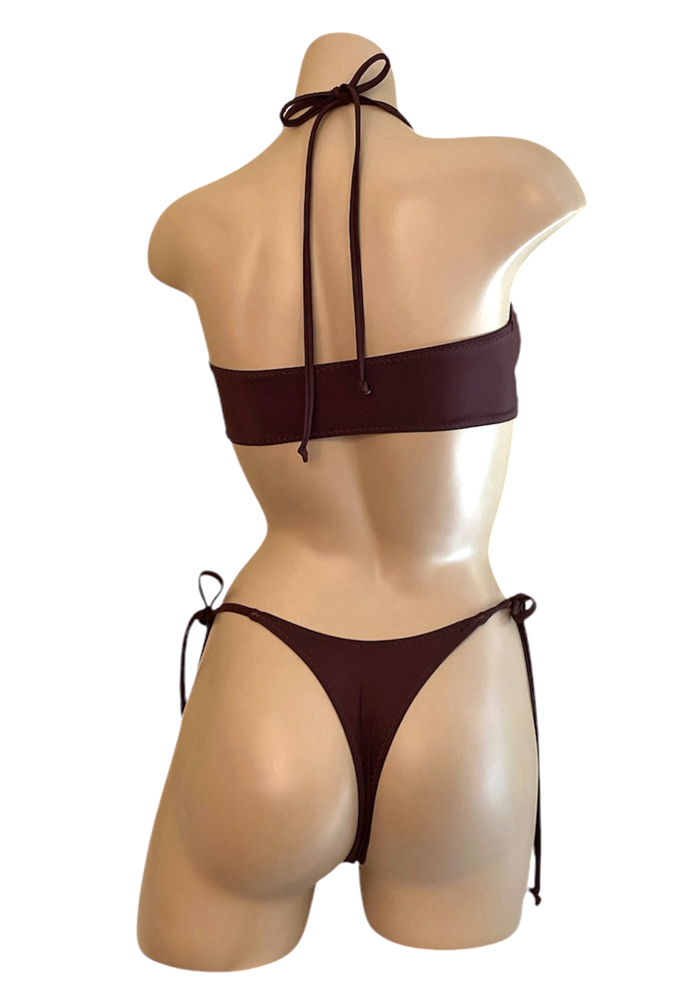High cut tie side thong bikini bottoms and bandeau bikini top in mocha brown back view