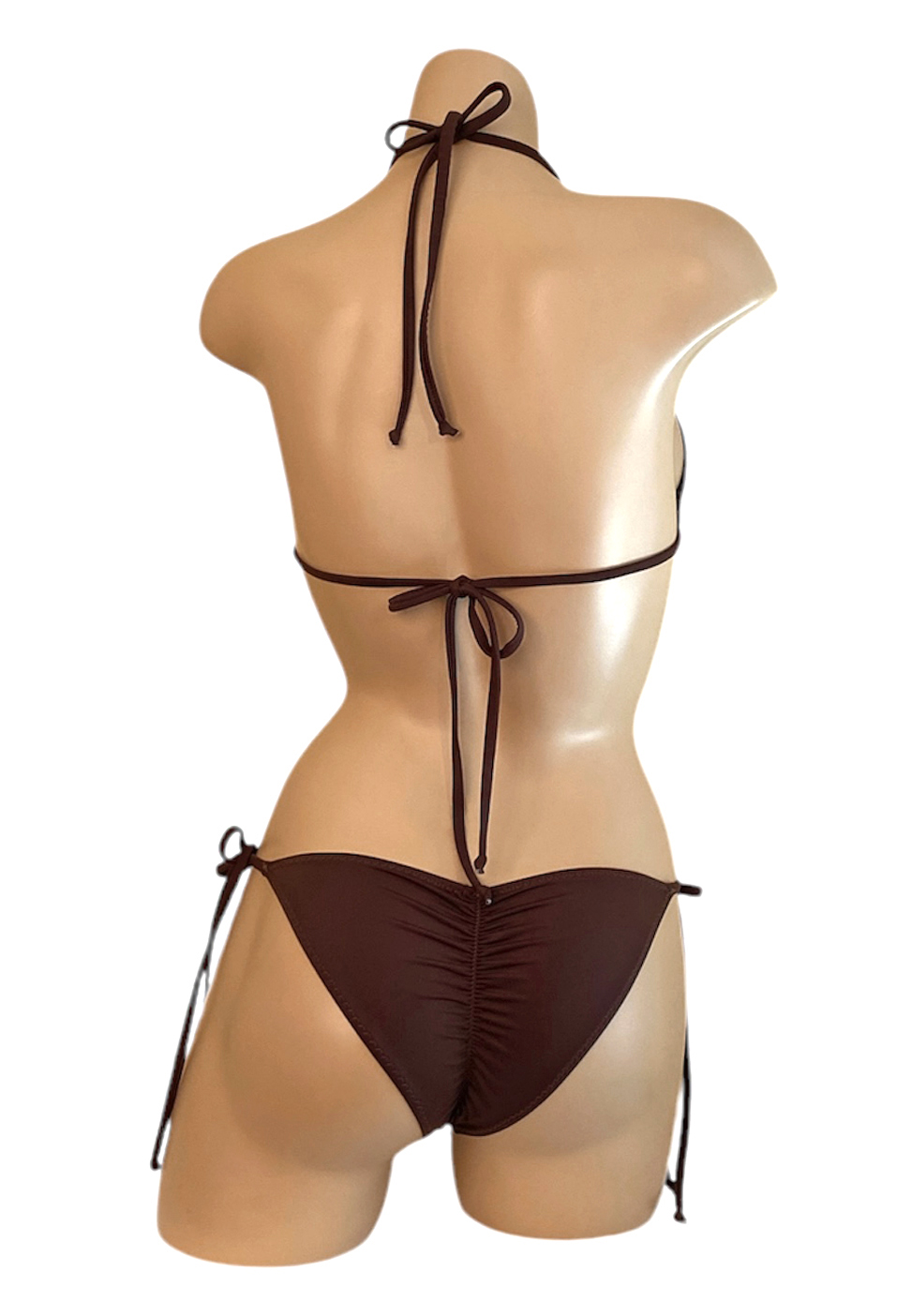 Low waist tie side ruched back bikini bottoms and classic triangle top in mocha brown with gold ring details back view