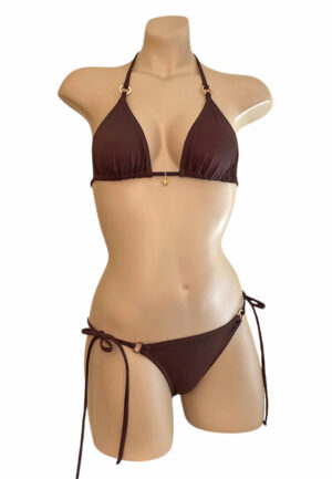 Low waist tie side ruched back bikini bottoms and classic triangle top in mocha brown with gold ring details front view
