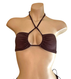 Adjustable bandeau style bikini top in mocha brown front view