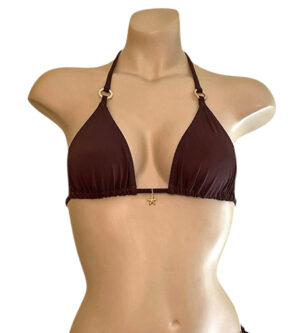 Triangle bikini top in mocha brown with gold rings and gold starfish charm front view