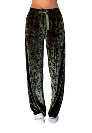 Olive green crushed velvet lounge pant with satin drawcord