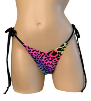 High cut tie side thong bikini bottoms in rainbow animal print
