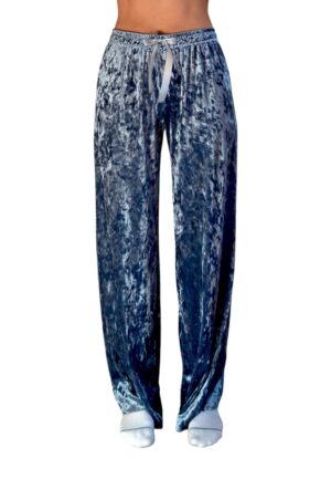 Slate blue crushed velvet lounge pant with satin drawcord