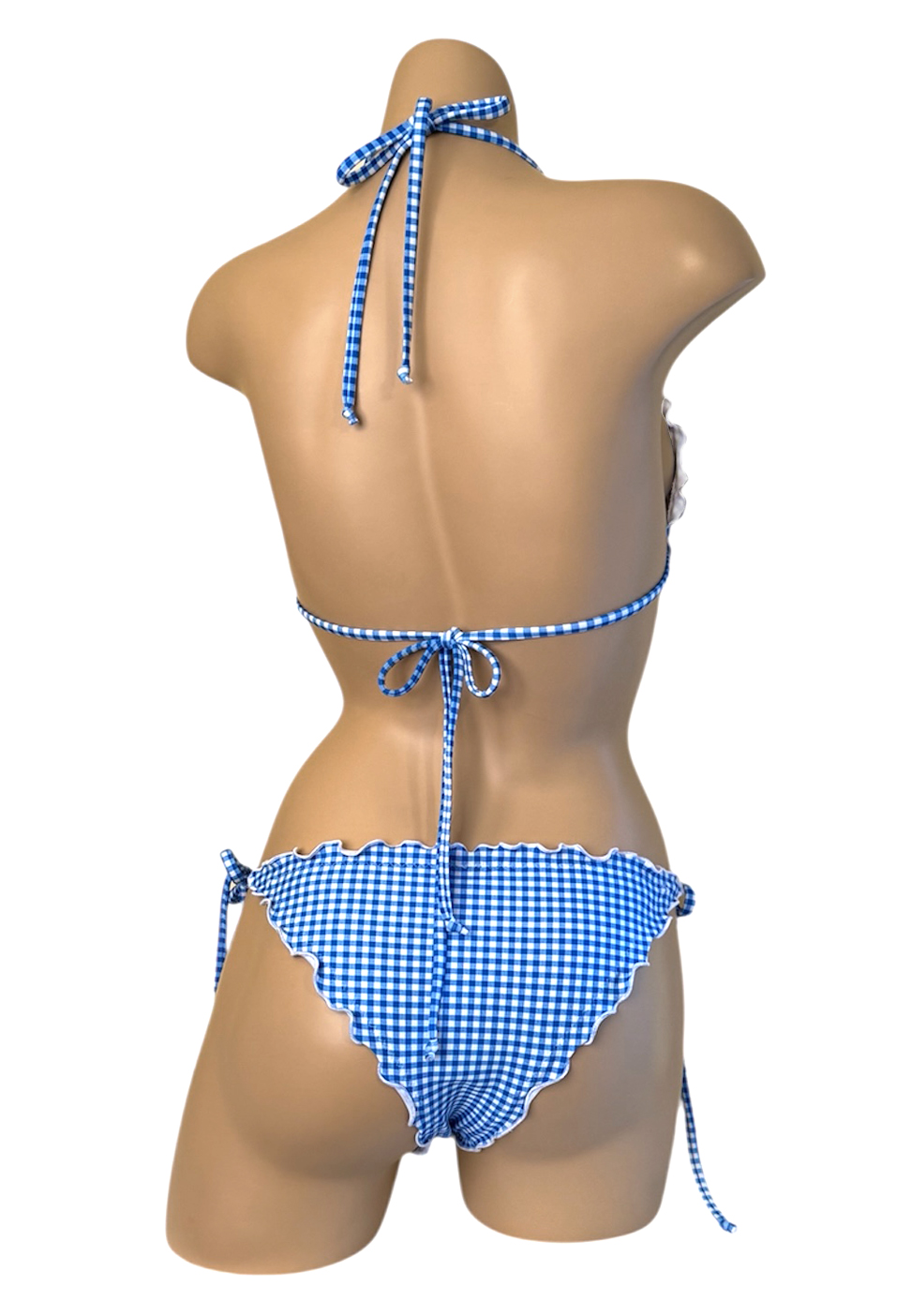 Ruffle tie side bikini bottoms and ruffle edge triangle bikini top in blue gingham print back view