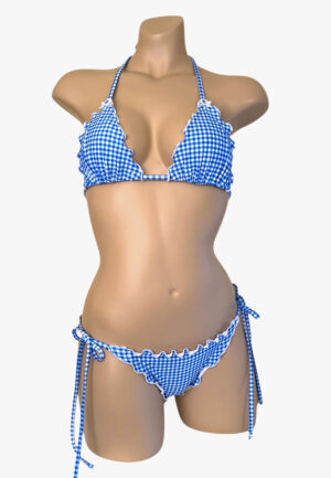 Ruffle tie side bikini bottoms and ruffle edge triangle bikini top in blue gingham print