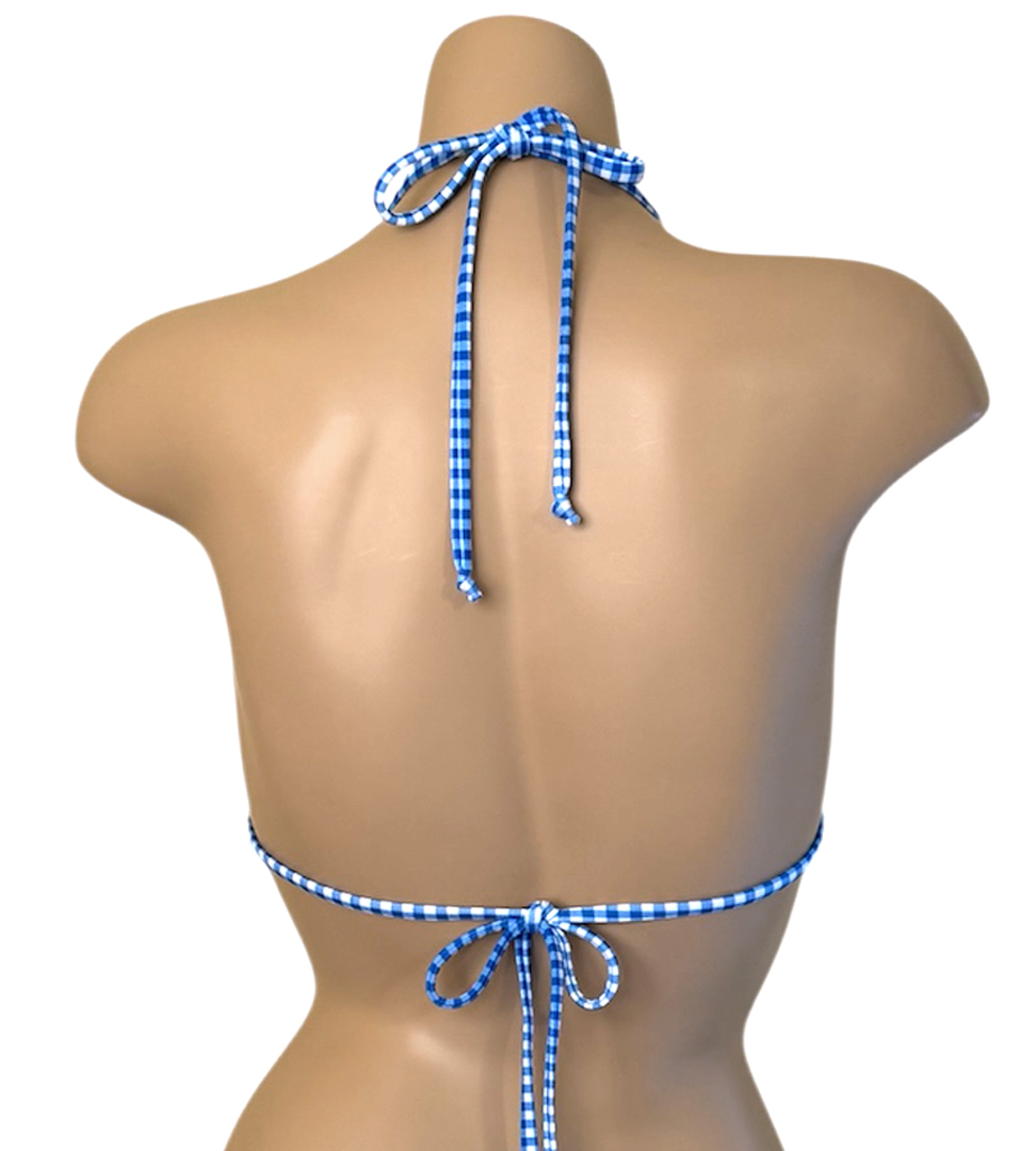 Blue gingham ruffle edge triangle top with white bow details back view
