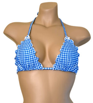 Blue gingham ruffle edge triangle top with white bow details