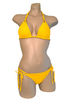 Low waist, ruched, loop tie side bikini bottoms and loop detail triangle bikini top in daffodil yellow with yellow bead details