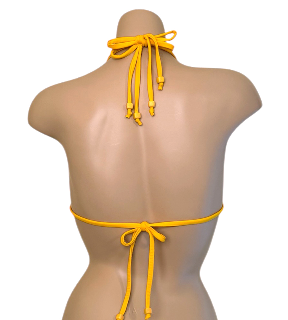 Triangle bikini top with loop and bead details in daffodil yellow back view