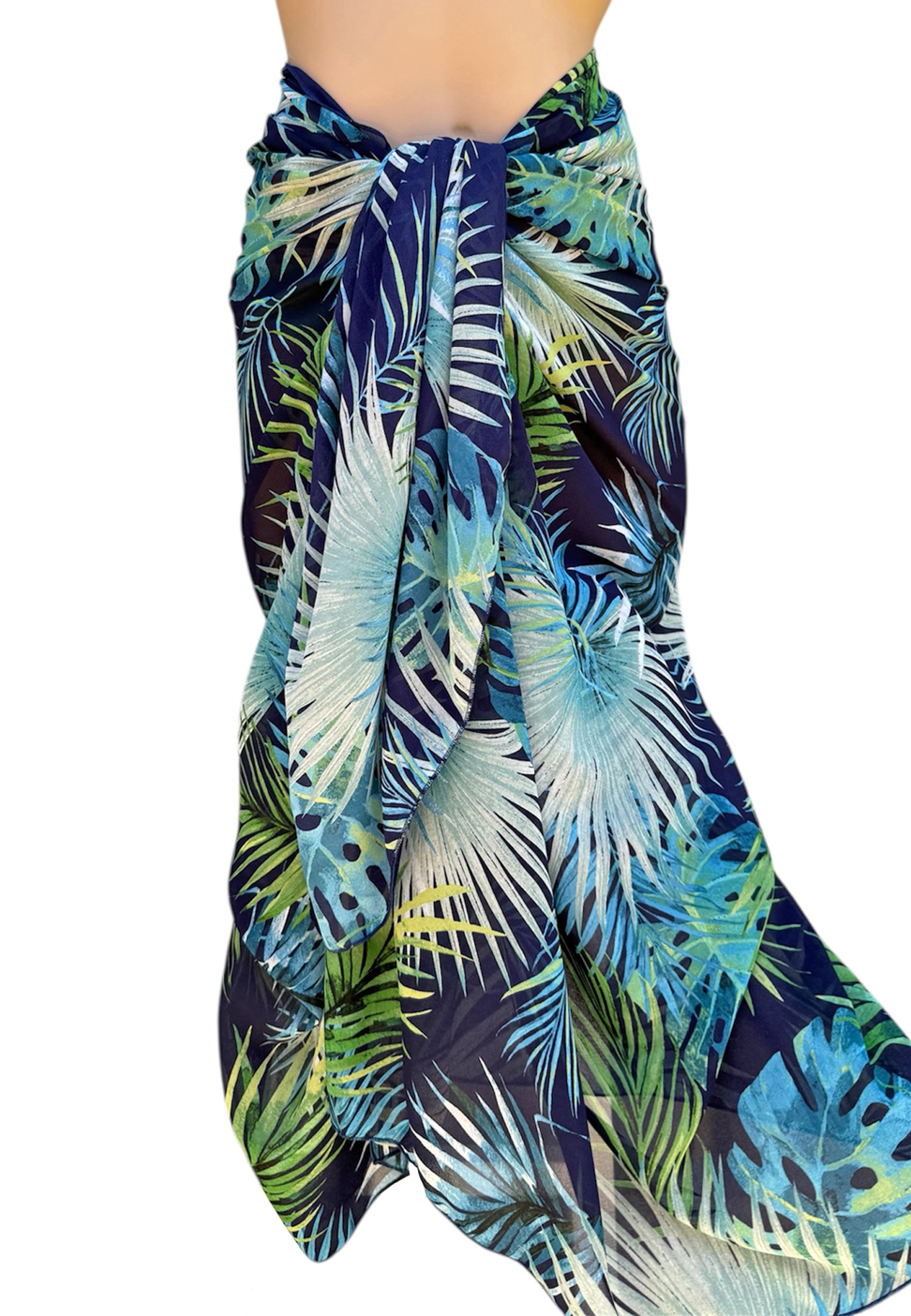 Long swim cover up in soft sheer chiffon with blue green palm fronds print front view