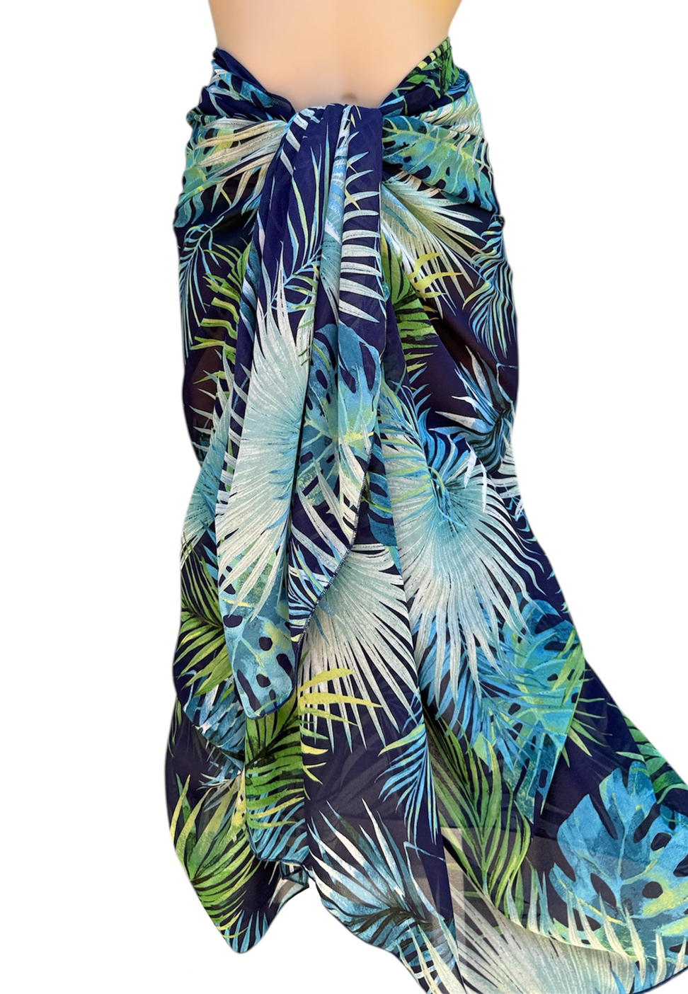 Long swim cover up in soft sheer chiffon with blue green palm fronds print