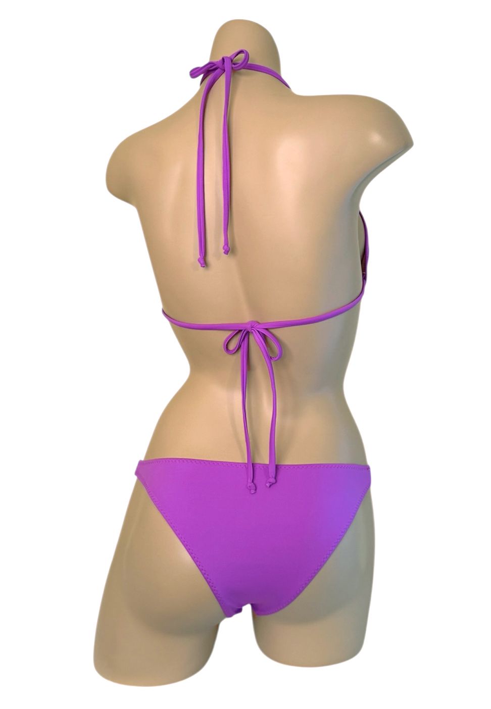Low waist bikini bottoms and triangle bikini top in orchid back view