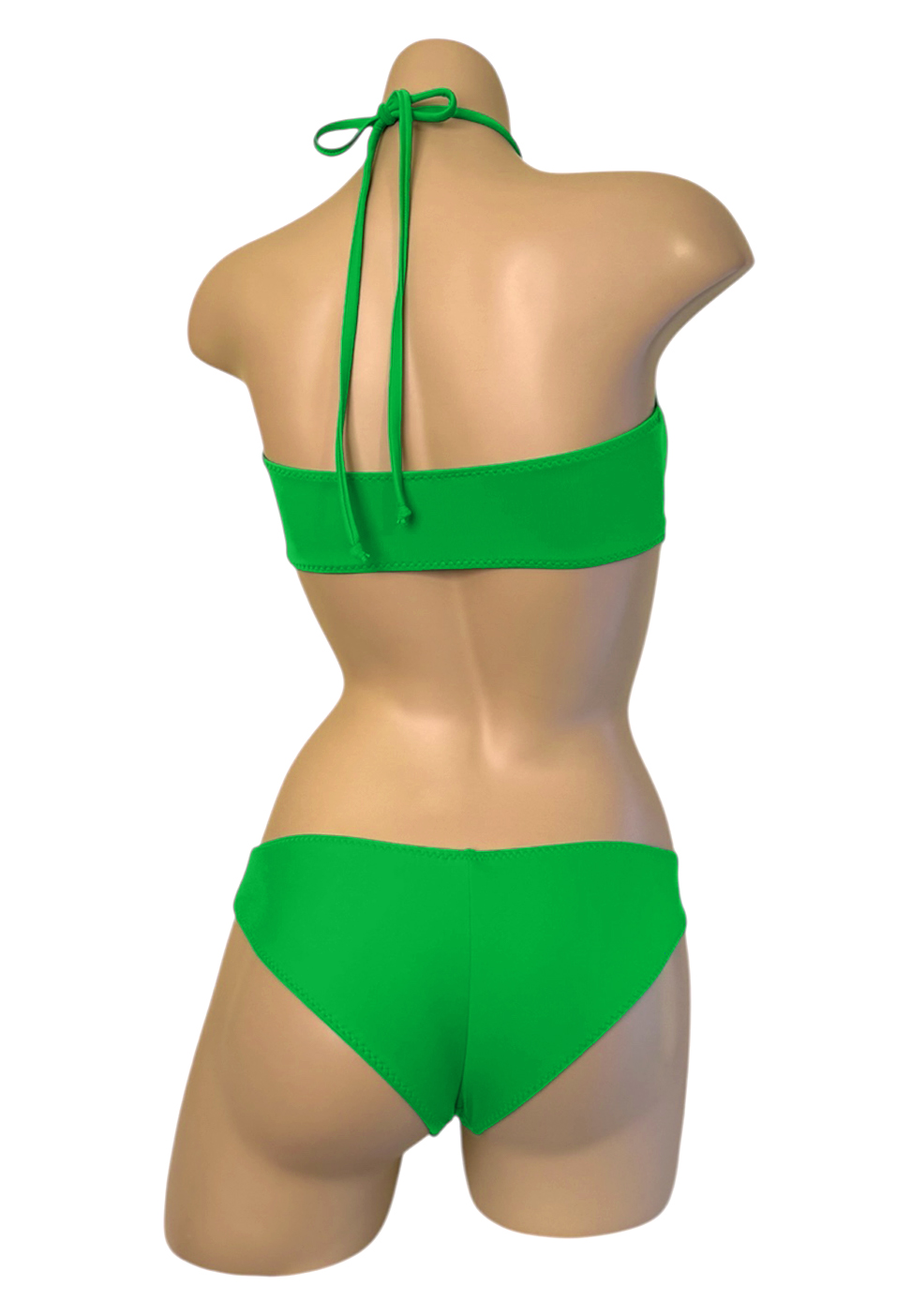 Sporty low waist bikini bottoms and bandeau style bikini top in spring green back view