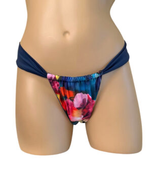 Reversible slide style bikini bottoms in waterlily print with indigo on the reverse